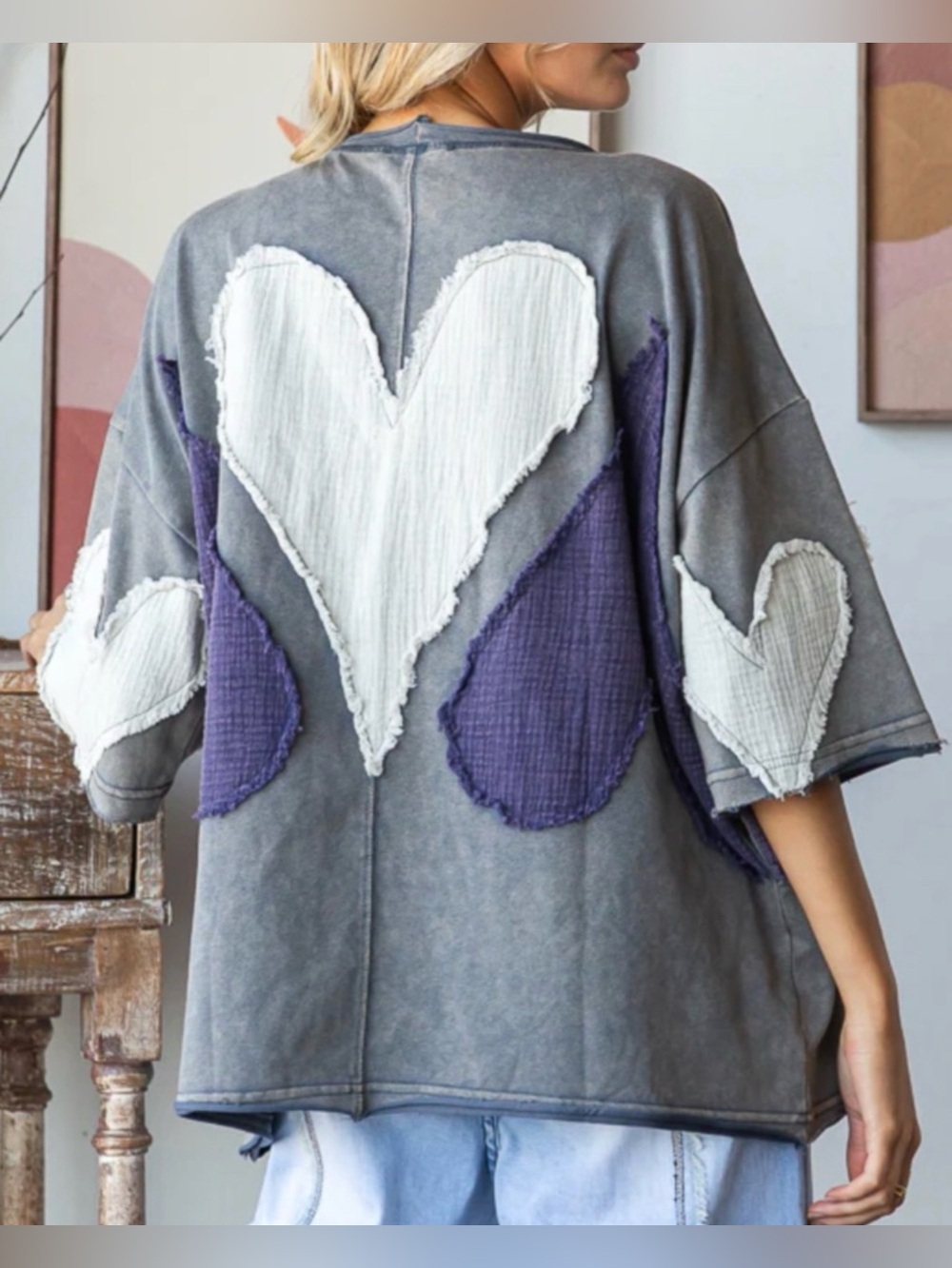 Oli & Hali Gray Tee with Cream and Deep Purple Heart Patches - Picture 2 of 14
